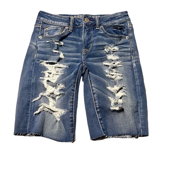 American Eagle Skinny Bermuda Stretch Denim Jean Short Distressed size 2 - Picture 1 of 7
